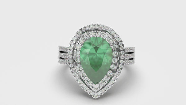 Ladies Weeding Beautiful Pear Shape Green Emerald Diamond Ring White Gold  Gemstone Ring