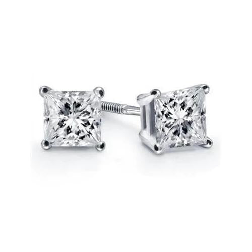  Diamond Stud Earring Four Prong Set Princess Cut Gold White Stud Earrings