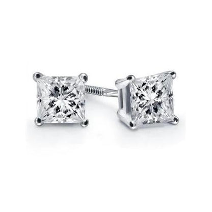  Diamond Stud Earring Four Prong Set Princess Cut Gold White Stud Earrings