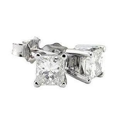 1 Carat Princess Cut Diamond Stud Earrings White Gold 14K