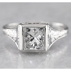 Real  1 Carat Solitaire Princess Diamond Ring Antique Style White Gold 14K