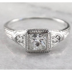 Real  Vintage Style 1 Carat Solitaire Princess Diamond Ring White Gold