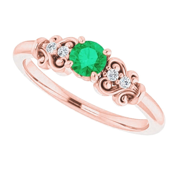 Products 1.10 Carats Round Diamonds And Green Emeralds Vintage Style Ring