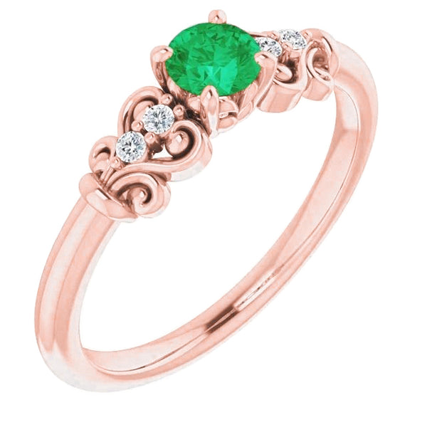  Round Diamonds And Green Emeralds Vintage Style Ring