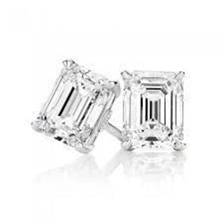 Brilliant  Emerald Cut Diamond Stud Earring Pair White Gold 