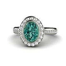 1.50 Carats Green Oval Sapphire And Diamond Ring White Gold 14K