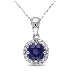 1.55 Ct. Ceylon Sapphire Halo Diamond Necklace Pendant WG 14K