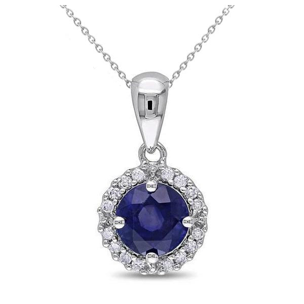 1.55 Ct. Ceylon Sapphire Halo Natural Earth Mined Diamond Necklace Pendant WG 14K