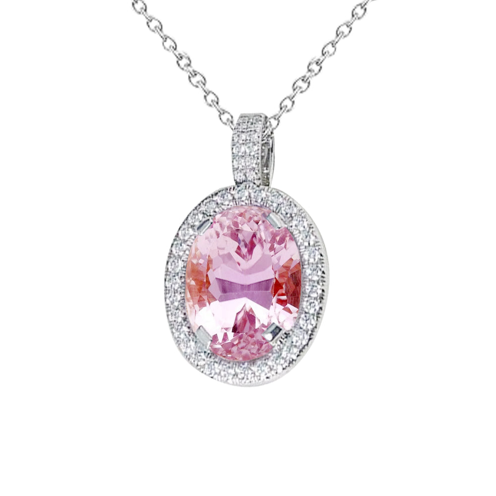 10.50 Carats Pink Oval Cut Kunzite Natural Earth Mined Diamond Necklace Pendant Gold 14K