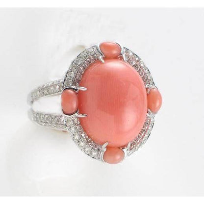 Best  Natural Coral And Diamonds Engagement  White Gold Gemstone Ring