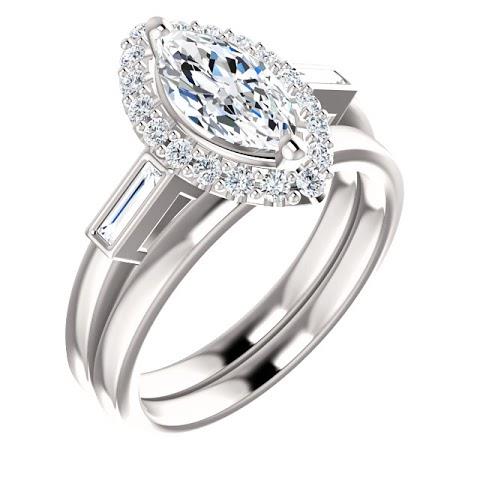 1.3 Ct Marquise Center Diamond And Baguette Ring Gold Halo Ring