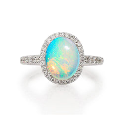 9.40 Ct Big Opal And Natural Earth Mined Diamonds Anniversary Ring White Gold 14K