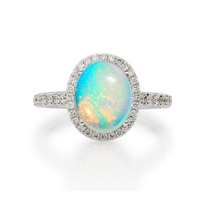  Half bazel fancy  Big Opal And Diamonds Anniversary  White Gold  Gemstone Ring