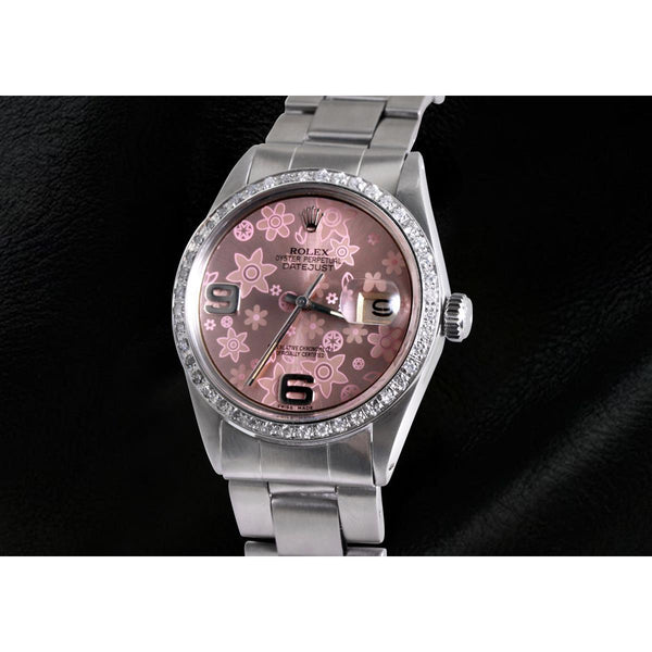 Pink Flower Dial Diamond Bezel Ss Rolex Datejust Watch Rolex