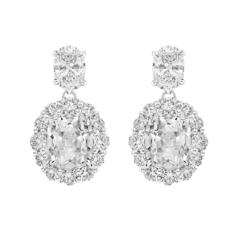 Diamond Halo Drop Earrings Round and Oval Old Mine Cut