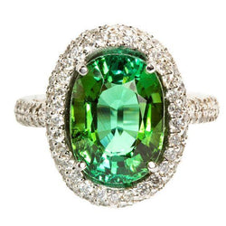 11 Ct Green Oval Cut Tourmaline Natural Earth Mined Diamond Wedding Ring 14K White Gold
