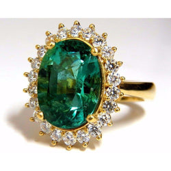 11 Ct Oval Green Emerald With Diamond Wedding Ring 14K Yellow Gold