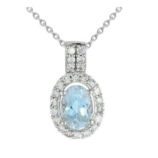 11.00 Ct Prong Set Aquamarine And Natural Earth Mined Diamonds Pendant 14K White Gold