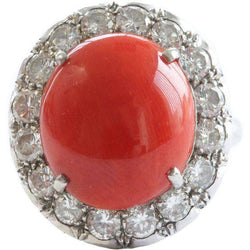 11.25 Ct Round Cut Red Coral And Diamonds Wedding Ring 14K Gold