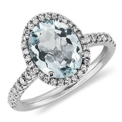 11.70 Ct Oval Aquamarine And Round Natural Earth Mined Diamonds Ring 14K White Gold