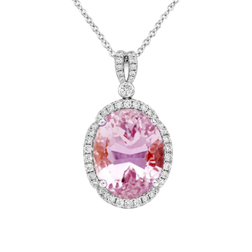 12.50 Carats Pink Oval Kunzite With Natural Earth Mined Diamond Pendant White Gold 14K
