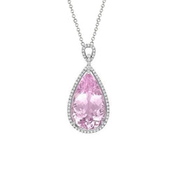 12.50 Ct Pear Cut Pink Kunzite With Diamond Pendant White Gold 14K