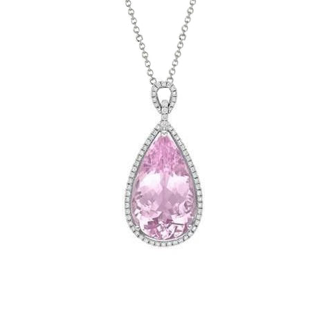 12.50 Ct Pear Cut Pink Kunzite With Natural Earth Mined Diamond Pendant White Gold 14K