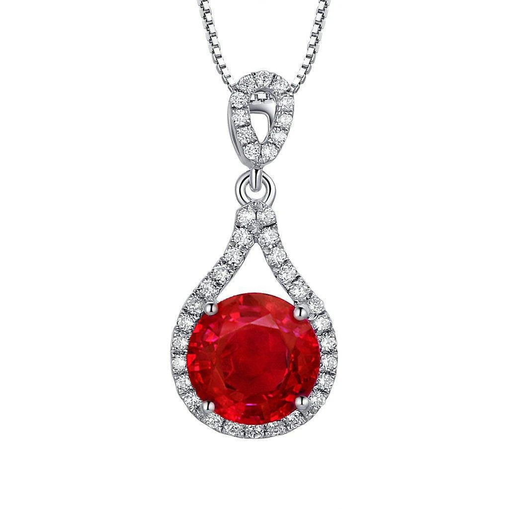 1.25 Carats Round Cut Red Ruby With Diamond Necklace Pendant White Gold 14K Gemstone Pendant