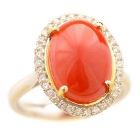  Fancy Lady’s  Red Coral With Diamonds Wedding Ring Gold Yellow   Gemstone Ring