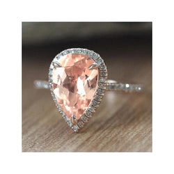 12.50 Ct Pear Morganite With Diamonds Wedding Ring 14K White Gold