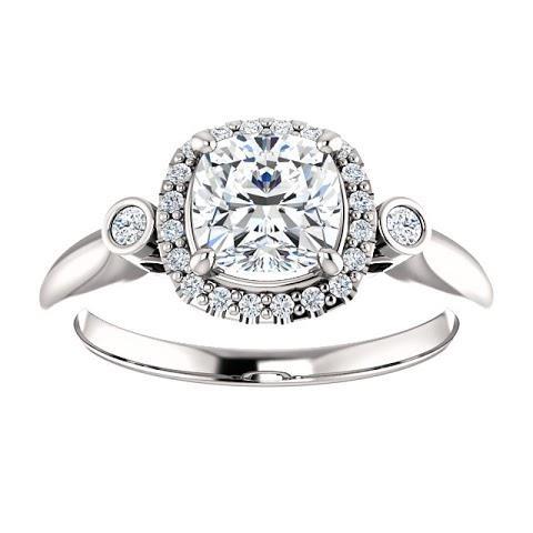 1.26 Ct Three Stone Center Cushion Halo Diamond Ring 14K White Gold Halo Ring