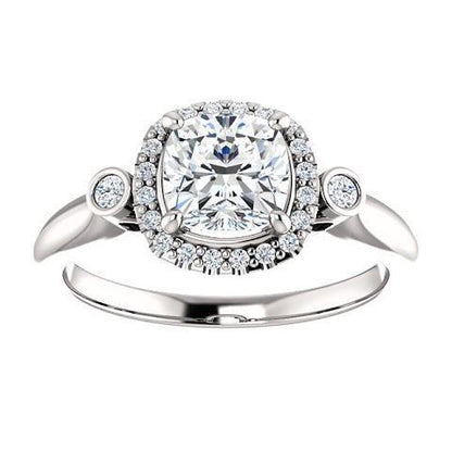 1.26 Ct Three Stone Center Cushion Halo Diamond Ring 14K White Gold Halo Ring