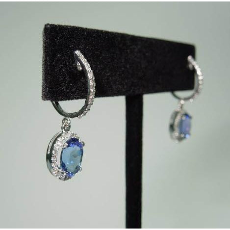 3.60 Carat Oval Tanzanite & Round Diamonds Dangle Hoop Pair Earrings White Gold 14K Gemstone Earring