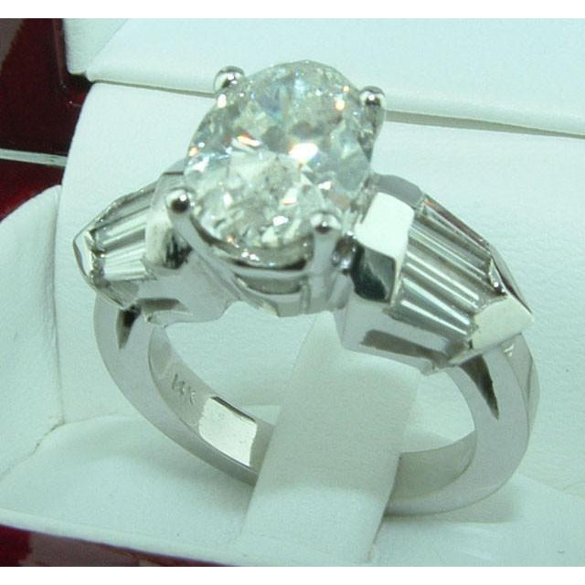 4 Ct. Oval & Baguette Diamonds Three Stone Style Engagement Ring White Gold 14K Three Stone Ring