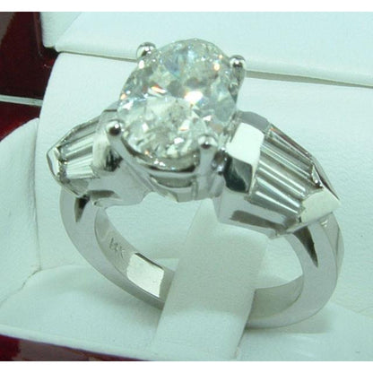 4 Ct. Oval & Baguette Diamonds Three Stone Style Engagement Ring White Gold 14K Three Stone Ring