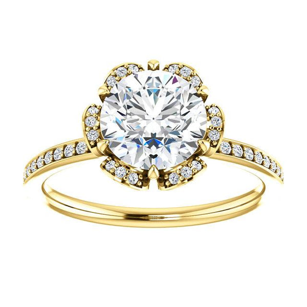 Halo Ring Flower Style 1.71 Carat Round Diamond Engagement Halo Ring Yellow Gold 14K