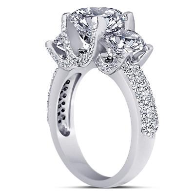 Three Stone Ring Three Stone Engagement Ring Pave Diamonds 3.31 Carat Gold White 14K