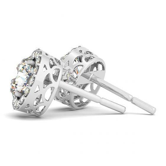 Antique Round Diamonds White Gold 14K Studs Pair Halo Earrings