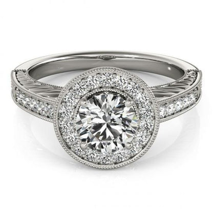 Halo Ring Halo Round Diamond Vintage Style Ring 1.25 Carats Engraved White Gold 14K