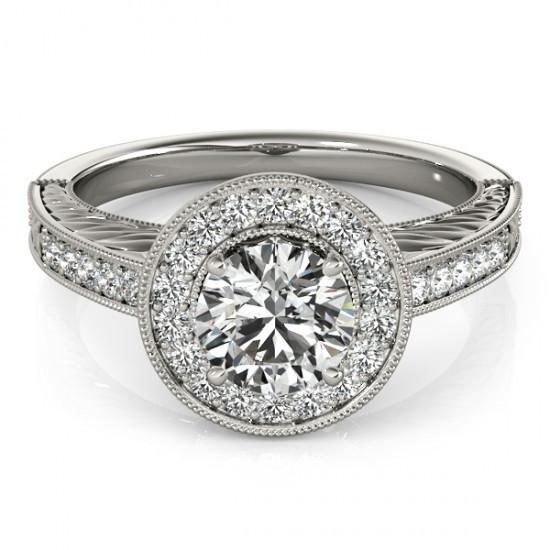 Halo Ring Halo Round Diamond Vintage Style Ring 1.25 Carats Engraved White Gold 14K