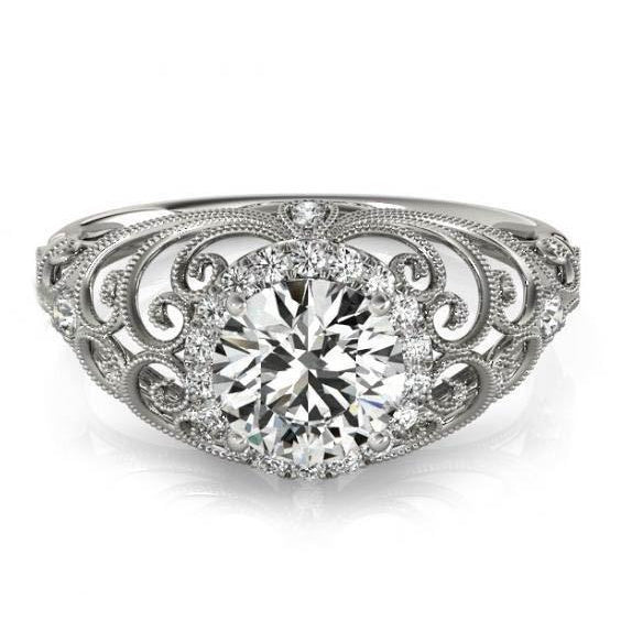 Halo Ring Vintage Style Round Diamond Ring 1.75 Carats White Gold 14K