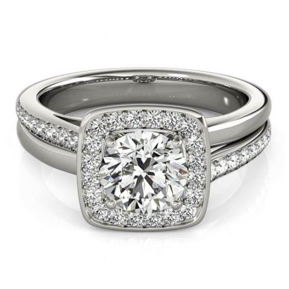 Halo Ring Diamond Engagement Ring 1.50 Carats Double Shank Halo White Gold 14K