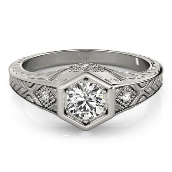 1.50 Carats Diamond Engagement Ring Antique Style White Gold 14K Hand Engraved Engagement Ring