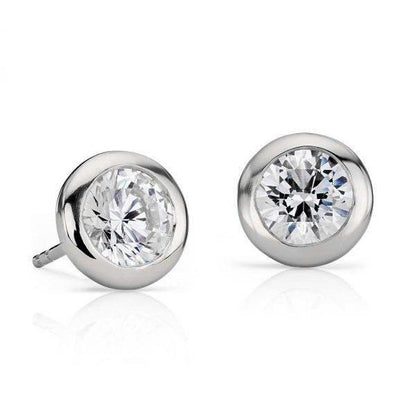 Womans  Bezel Set Solitaire Round Diamond Stud Earring  White Gold Stud Earrings