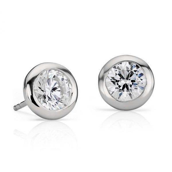 Womans  Bezel Set Solitaire Round Diamond Stud Earring  White Gold Stud Earrings