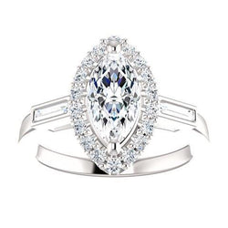 Natural  1.30 Carats Marquise Center Diamond And Baguette Halo Engagement Ring