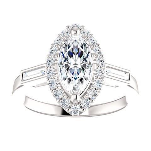 1.3 Ct Marquise Center Diamond And Baguette Halo Engagement Ring Gold Halo Ring