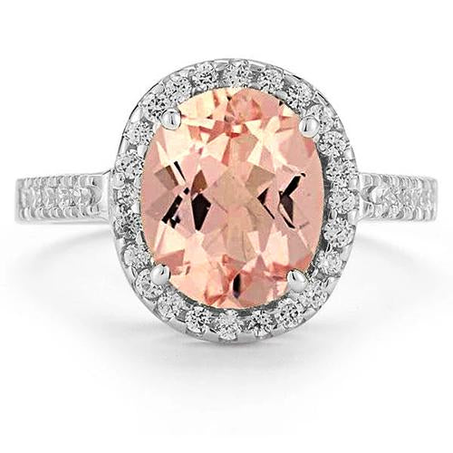  Princess Cut Pink Morganite And Diamond Wedding  Solid White Gold Gemstone Ring