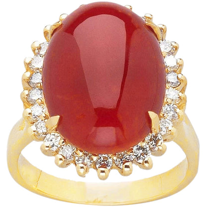 Sparkling Solitaire With Accent Red Coral With Diamonds Yellow Gold 