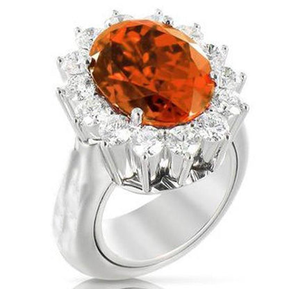 Womans  Oval Mandarin Garnet With Round Diamonds  White Gold Gemstone Ring